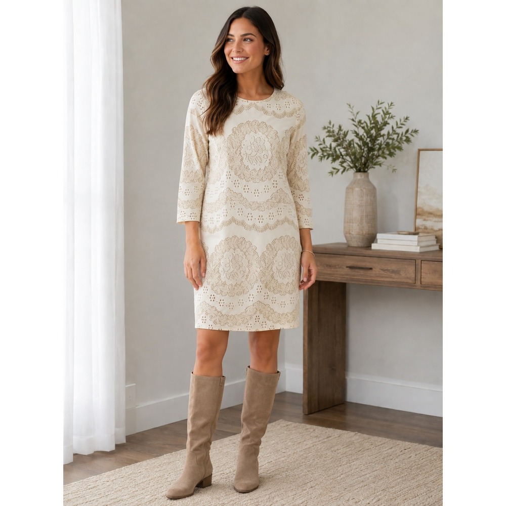 Jay Cream Floral Laser Cut Lace Shift Dress 3/4 Sleeve D1739 Medium